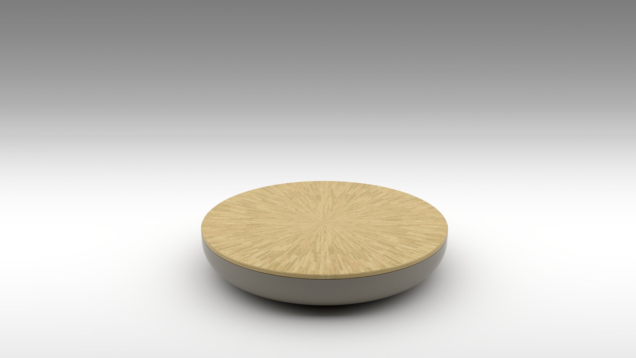 half macaron, akar macaron, lacquer coffee table, straw marquetry, beige straw marquetry, light gold straw marquetry, neutral coffee table, maple coffee table, solid maple, akar coffee table, round coffee table, nissim coffee table, low table, glossy lacquer, starburst straw