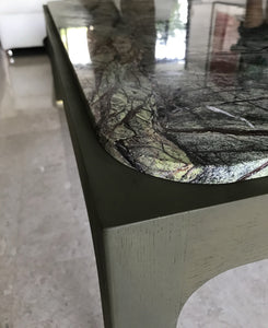 guimar coffee table, green marble, amazonian marble, marble veins, akar de Nissim, luxury furniture, designer furniture, minimalist, oak coffee table, square coffee table, oak veins, green coffee table, green side table, guimar